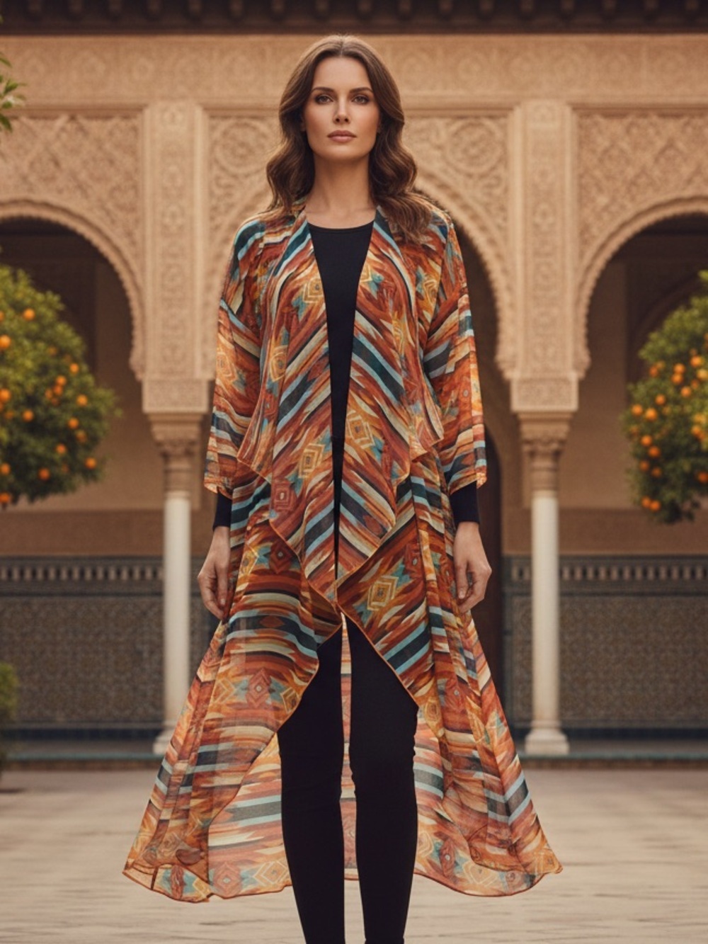 LuLaRoe Multicolor Geometric Kimono Duster - Rich Tones Rust, Teal & Cream